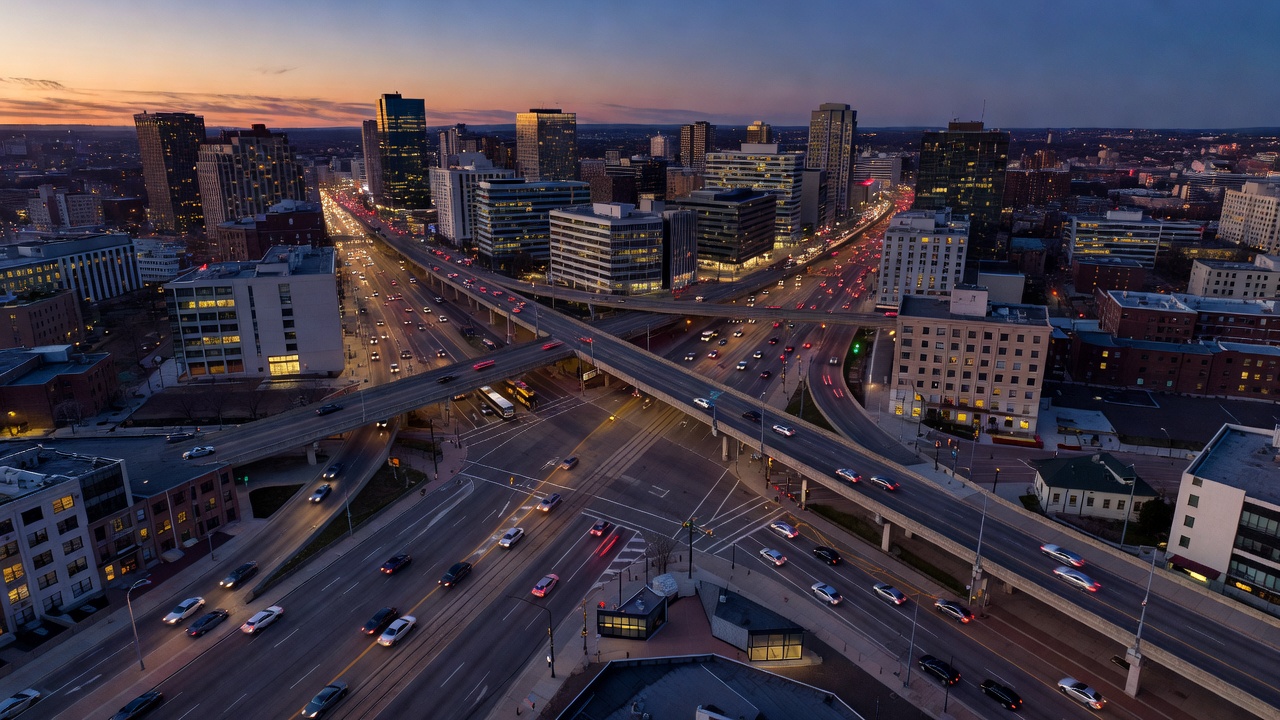 Aerial view of a complex urban intersection at twilight