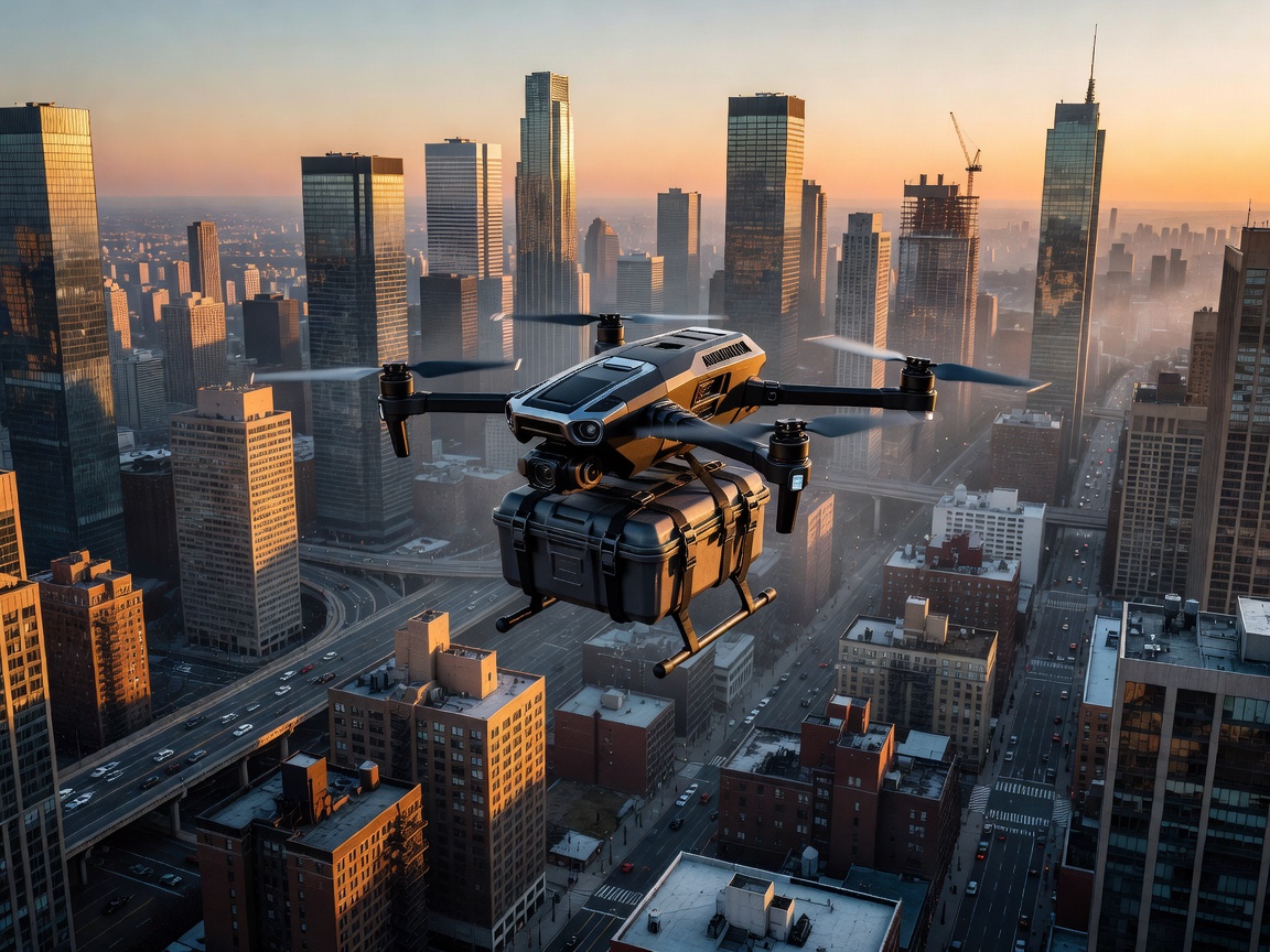 Delivery drone carrying a payload over an urban environment