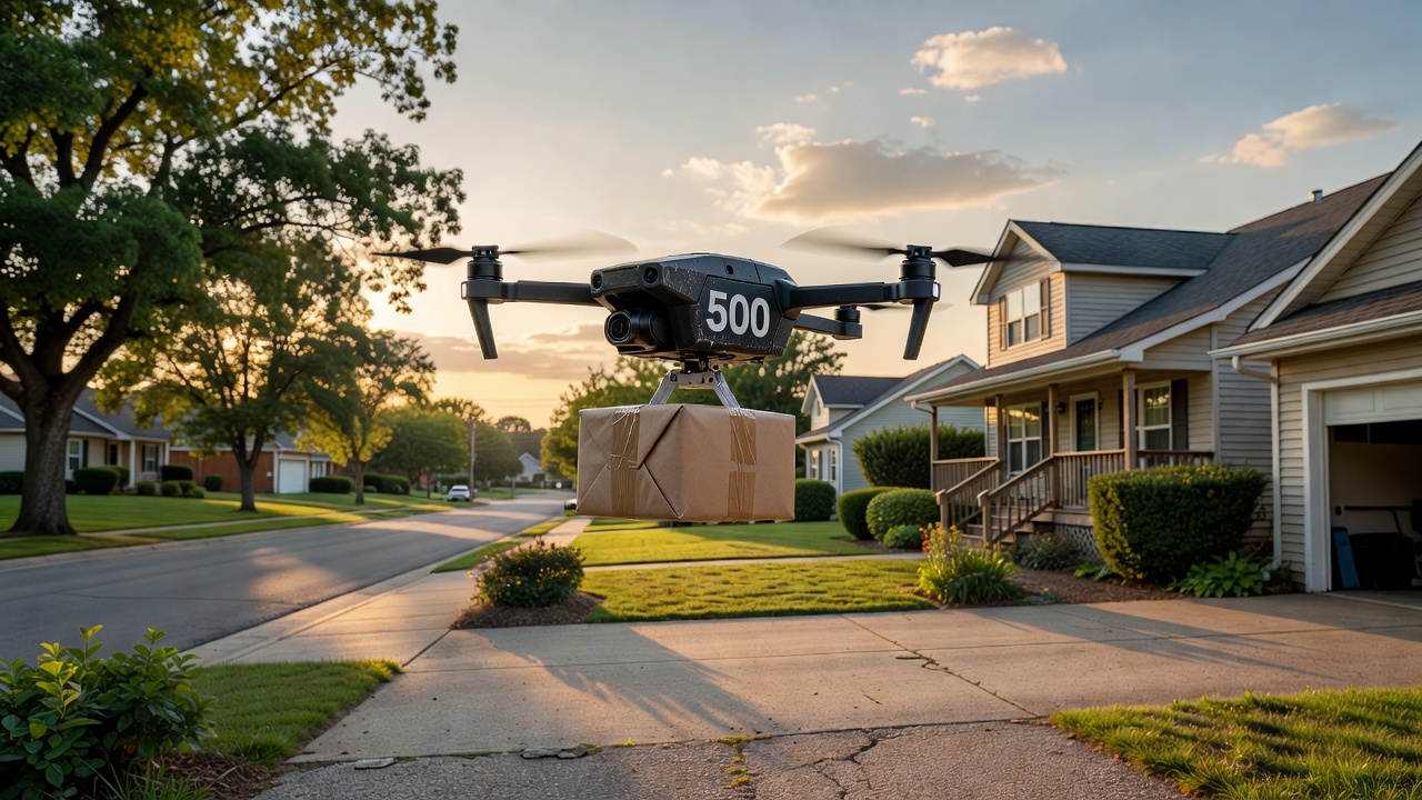 Delivery drone descending with a small package