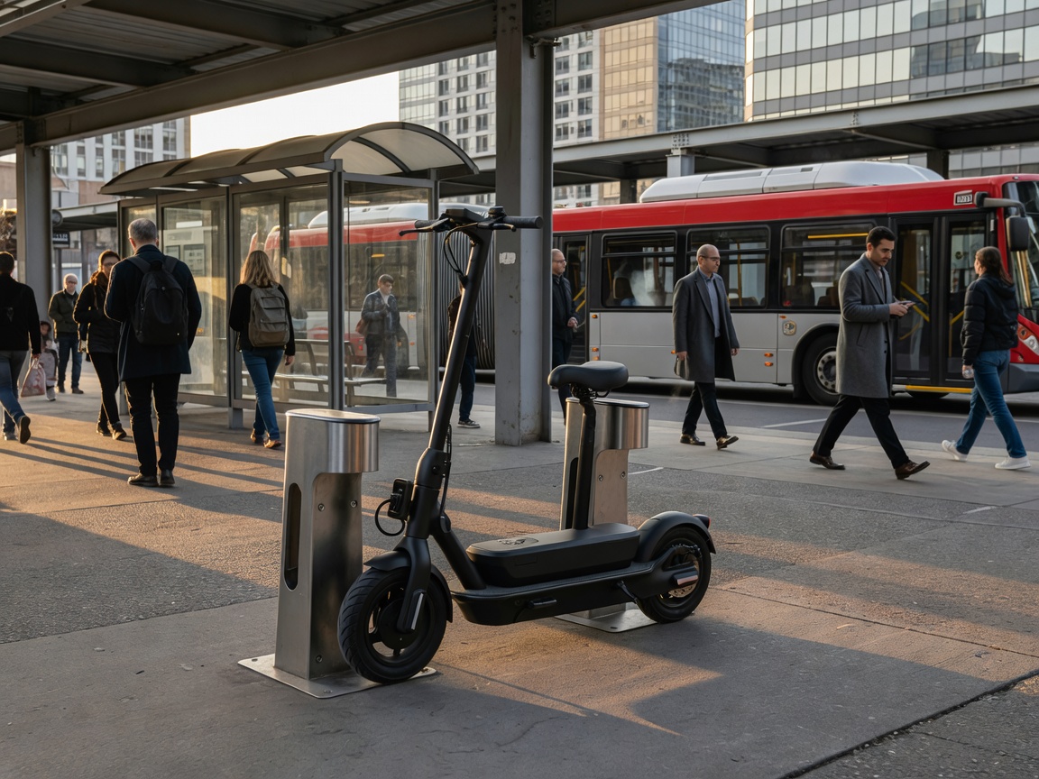 Electric scooter docked at an urban transit hub