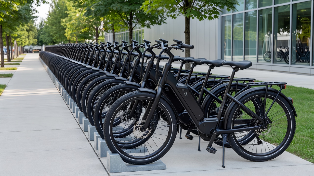 Row of electric bicycles available for public rental