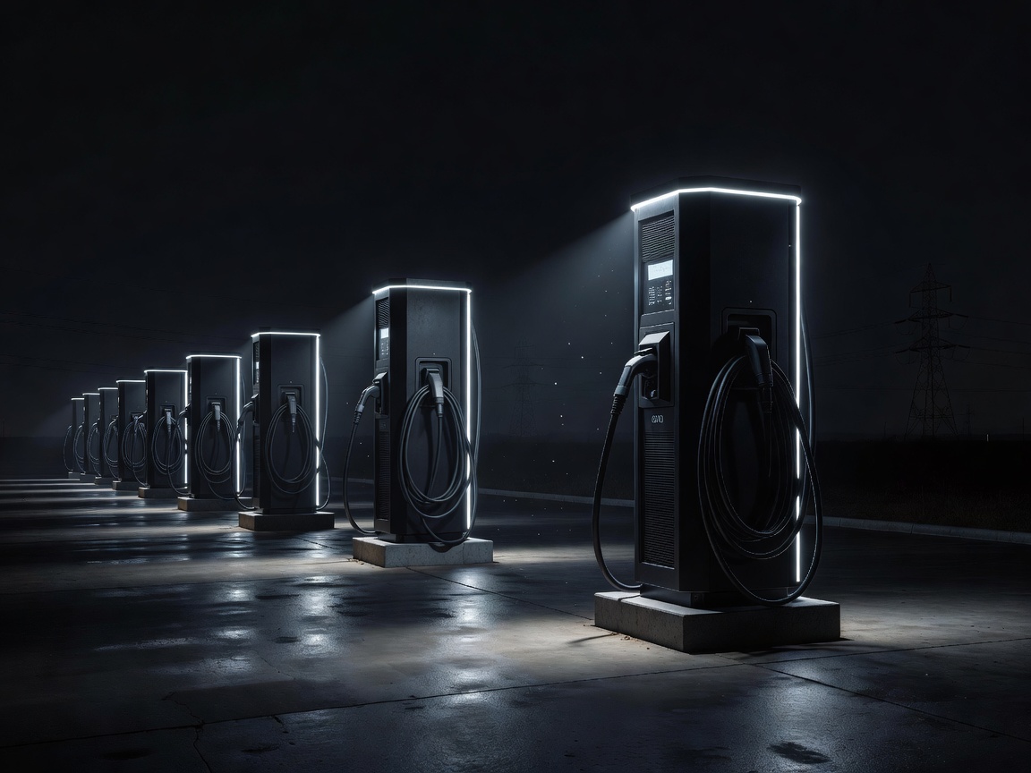 Row of high-voltage DC fast chargers at night