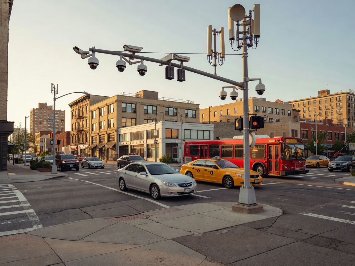 Traffic intersection with mounted camera sensors and antennas